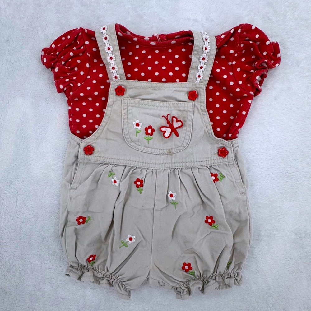 Vtg Cradle Togs Baby Girl Polka Dot Bodysuit & Tan Floral Overall Set Size 12M